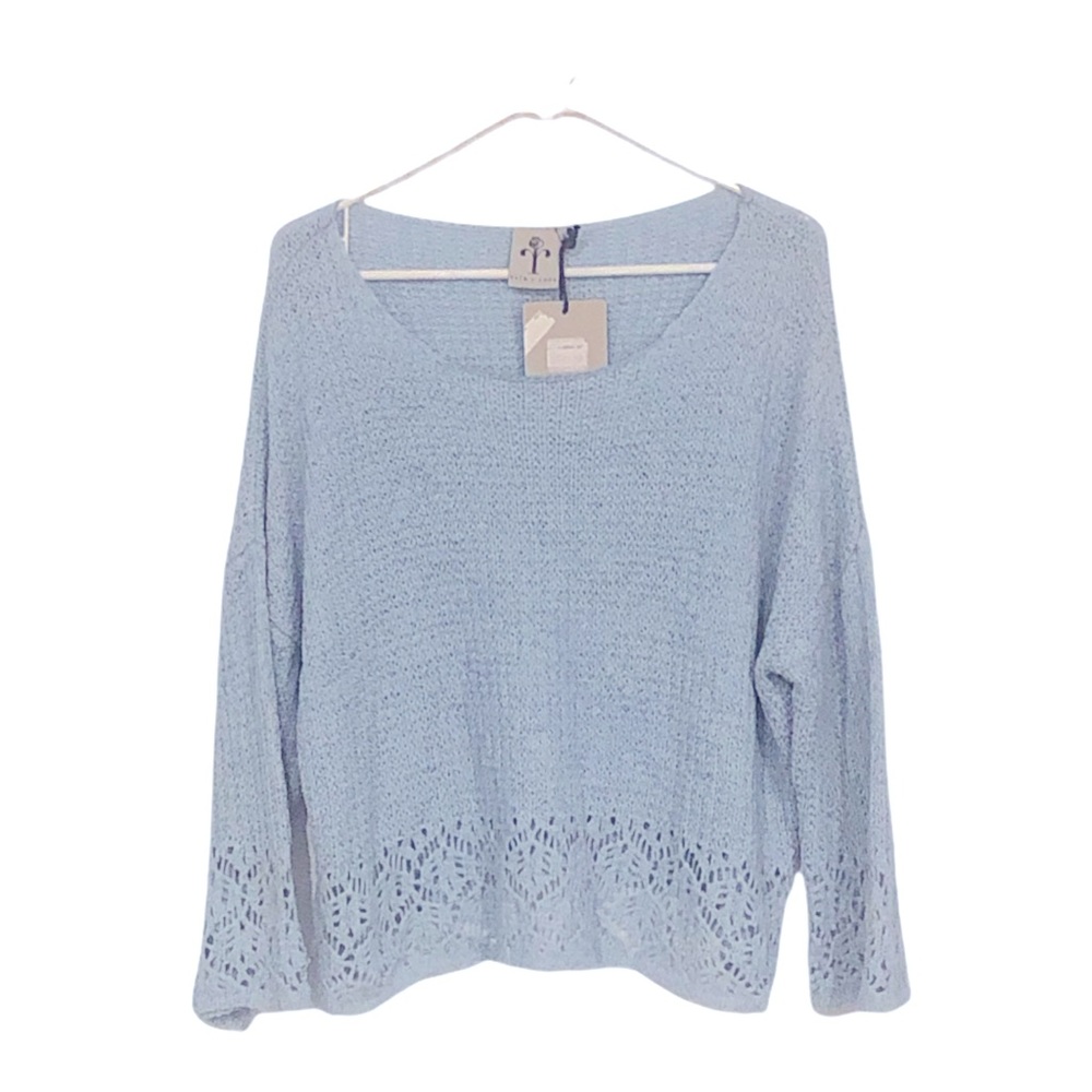 - Rain & Rose Women’s Blue Relaxed Fit Crochet Knit Sweater